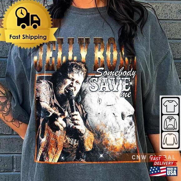 Tops - Jelly Roll Music Shirt Somebody Save Me Cowhide Country Western Concert Tee